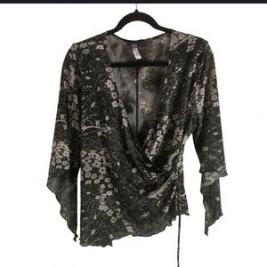 90s Wild Cat Floral Surplice Wrap Top Bell Sleeves Fairy Grunge Y2K XL